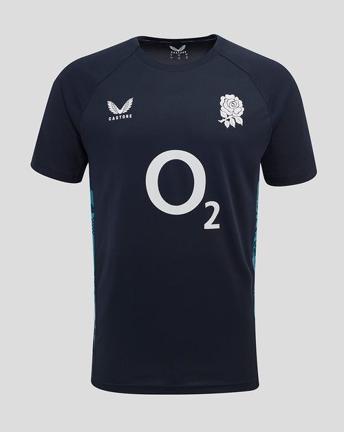Front view of navy England Rugby performance short sleeve T-shirt with O2 logo center rose crest left chest and Castore logo right chest