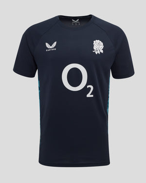 Women’s England Rugby performance short sleeve T shirt in navy with rose crest left chest O2 logo center and Castore logo right chest