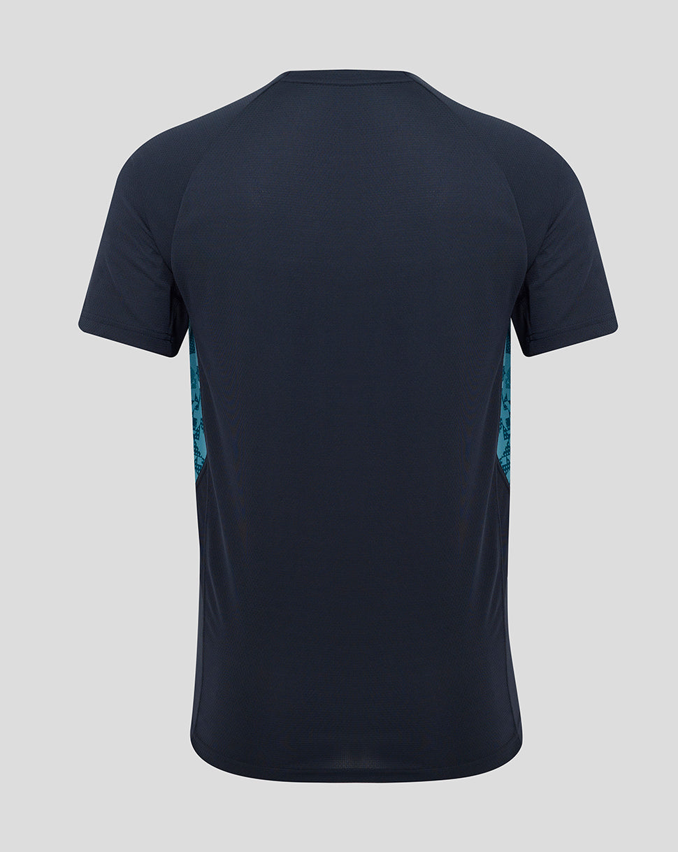 Back view of navy England Rugby performance short sleeve T-shirt with teal side panels