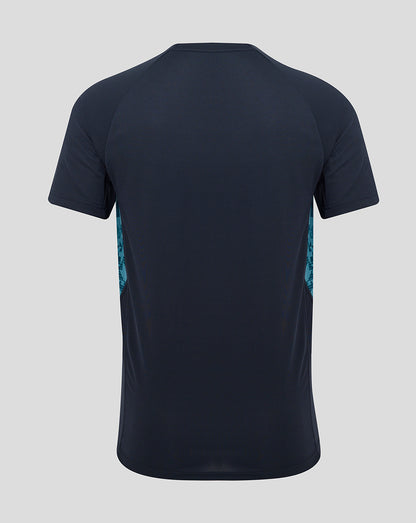 Back view of navy England Rugby performance short sleeve T-shirt with teal side panels