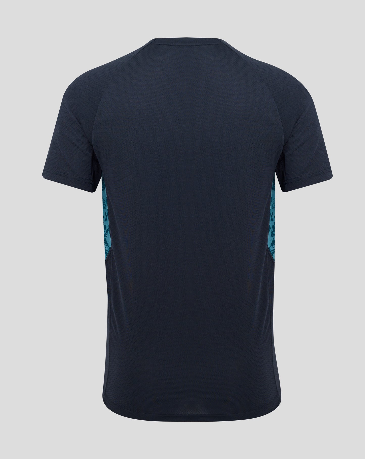 Back view of Women’s England Rugby performance short sleeve T shirt in inkwell with teal side panels.