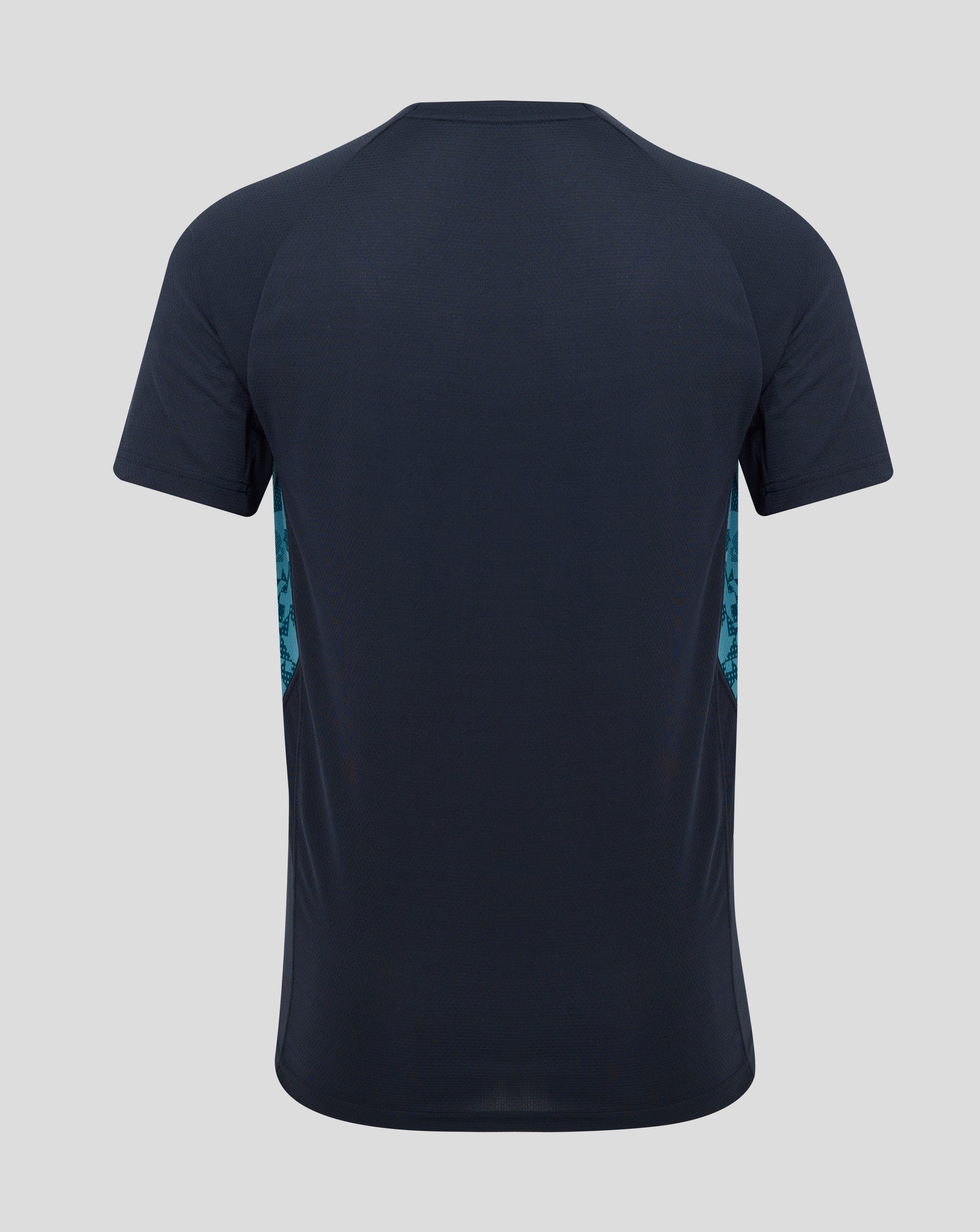 Back view of Women’s England Rugby performance short sleeve T shirt in inkwell with teal side panels.
