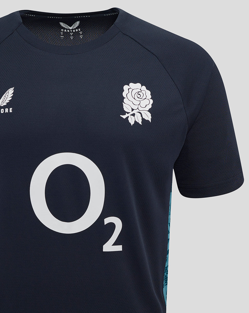 Navy England Rugby performance T-shirt with white rose crest on the left chest and a large center front O2 logo; Castore branding on the right chest and subtle side panel print.