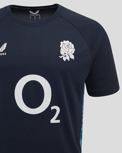 Navy England Rugby performance T-shirt with white rose crest on the left chest and a large center front O2 logo; Castore branding on the right chest and subtle side panel print.