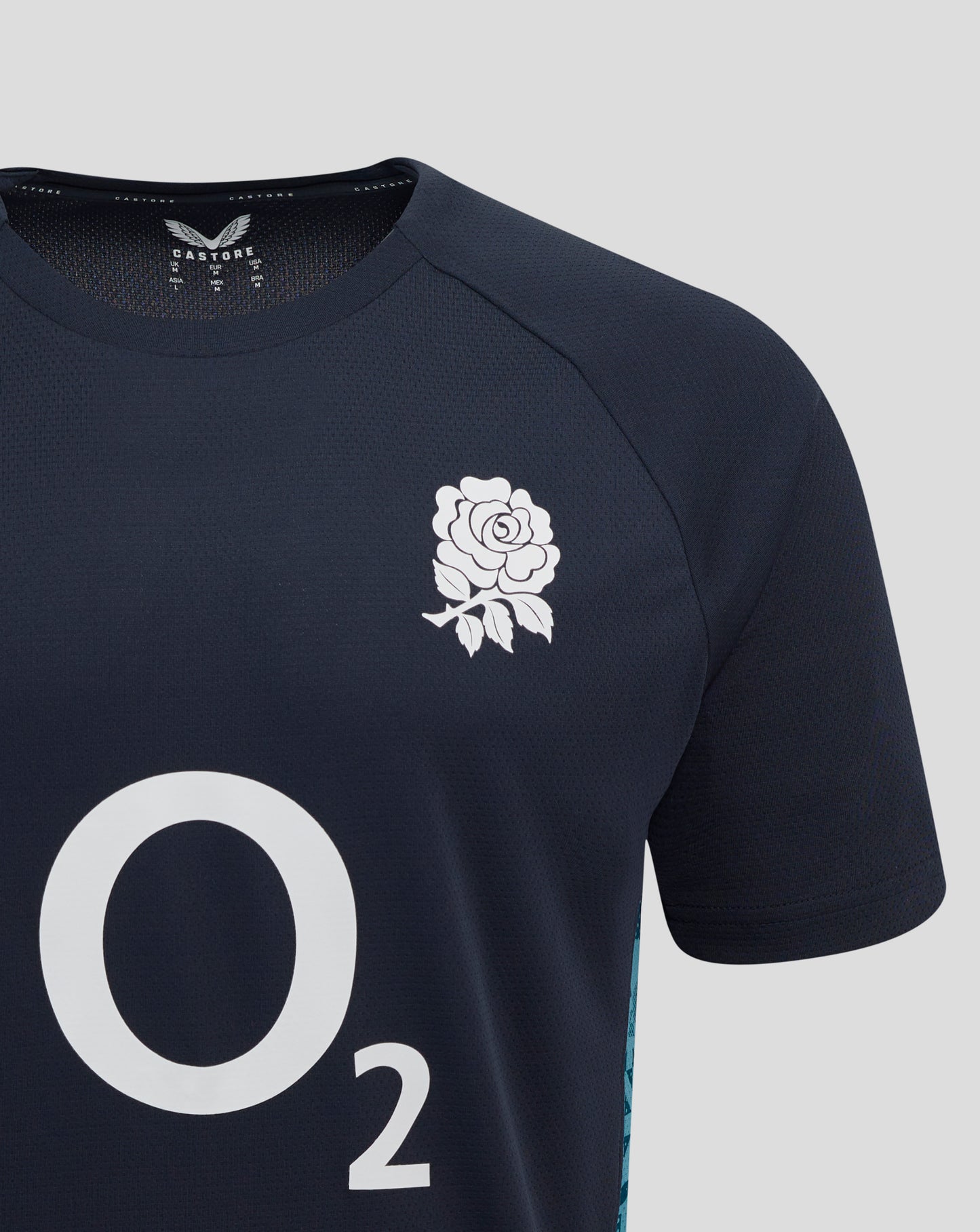 Navy Women’s England Rugby performance short sleeve tee with rose crest on the left chest, O2 logo at center, and Castore branding on the right chest