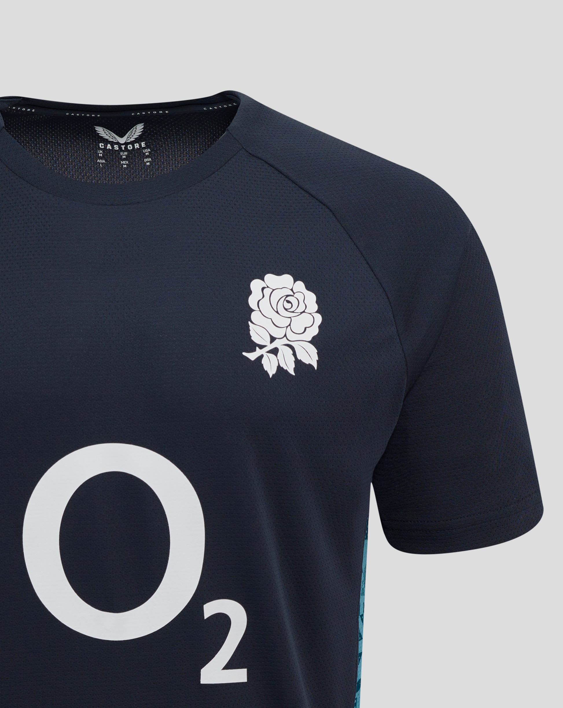 Navy Women’s England Rugby performance short sleeve tee with rose crest on the left chest, O2 logo at center, and Castore branding on the right chest