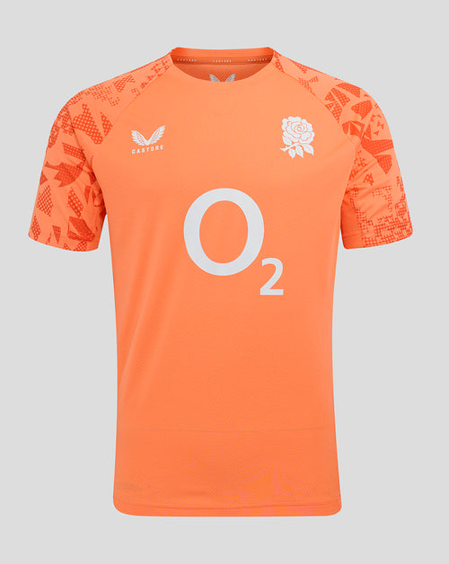 England Rugby Performance Short Sleeve Shirt in Melon orange front view with O2 logo center and rose crest left chest.
