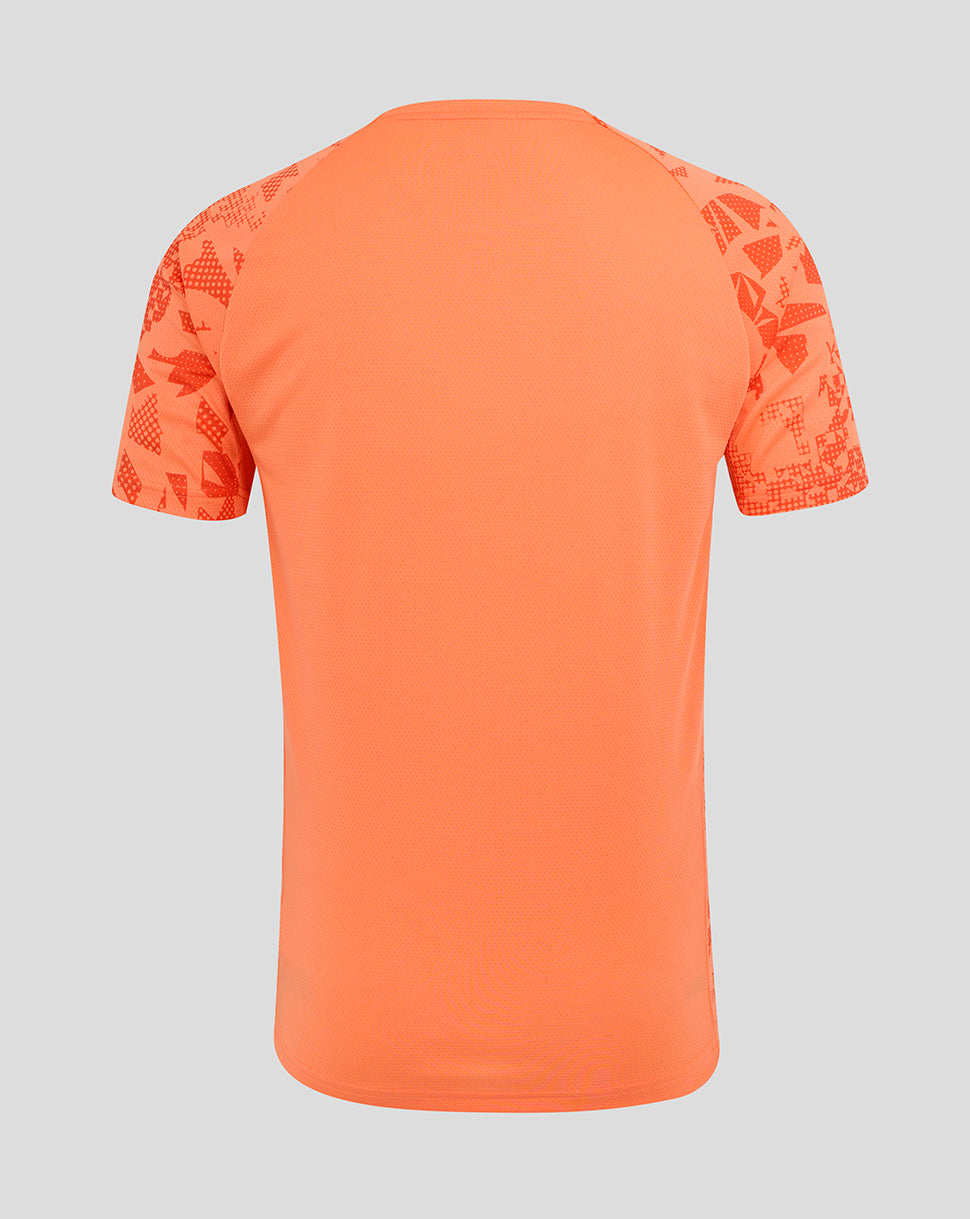 Back view of England Rugby Performance Short Sleeve Shirt in Melon orange with patterned sleeves.