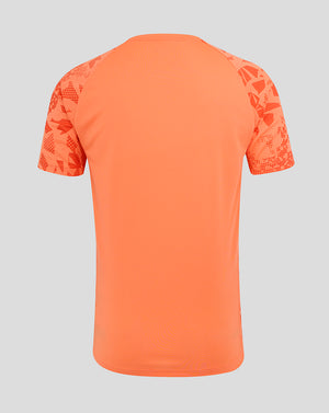 Back view of England Rugby Performance Short Sleeve Shirt in Melon orange with patterned sleeves.