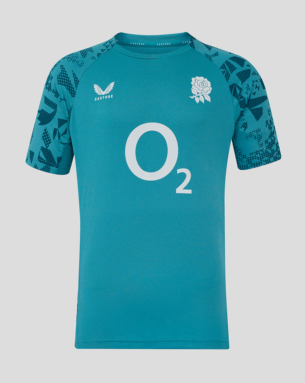 Storm blue England Rugby performance short sleeve T shirt with large O2 logo and rose crest on the chest