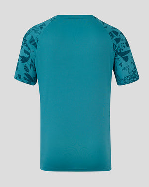 Back view of teal England Rugby performance short sleeve T shirt with abstract sleeve pattern