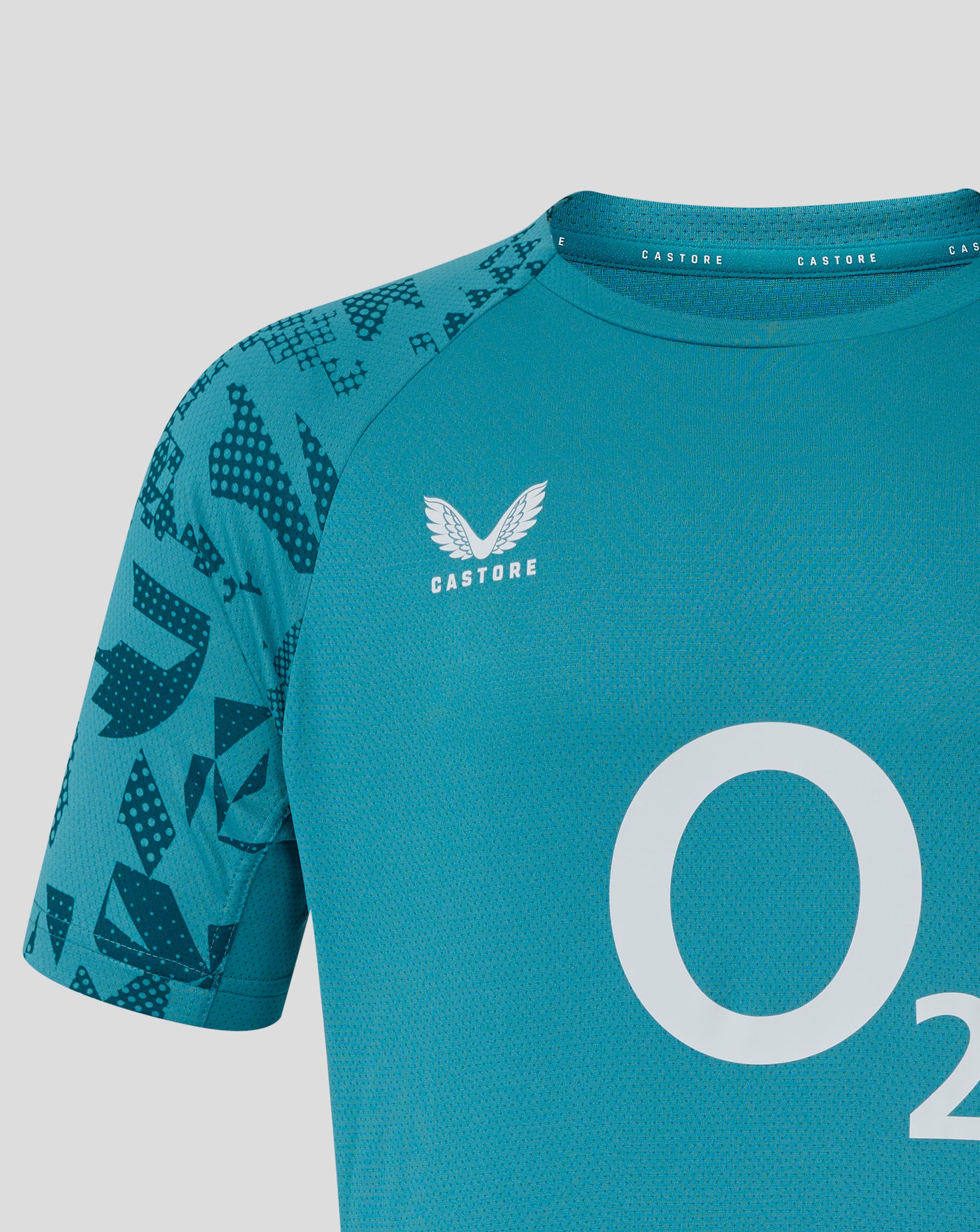 Storm blue England Rugby performance short sleeve shirt with rose crest on chest and center O2 branding, Castore accents
