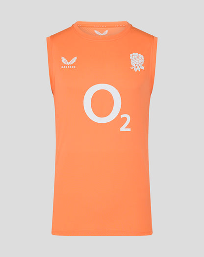 Orange sleeveless England Rugby performance top with large O2 logo rose crest and Castore branding