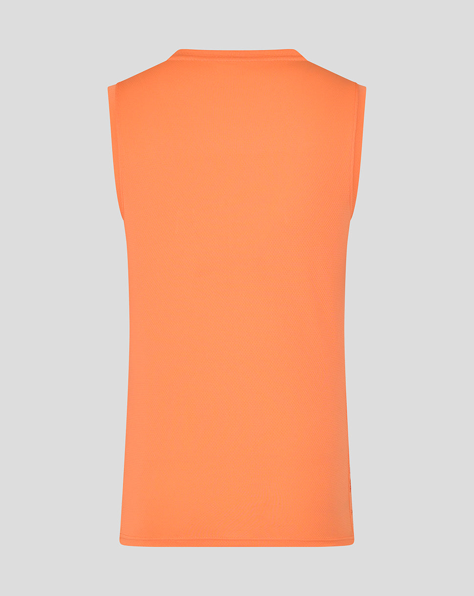 Back view of bright melon orange England Rugby performance sleeveless T shirt