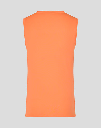 Back view of bright melon orange England Rugby performance sleeveless T shirt