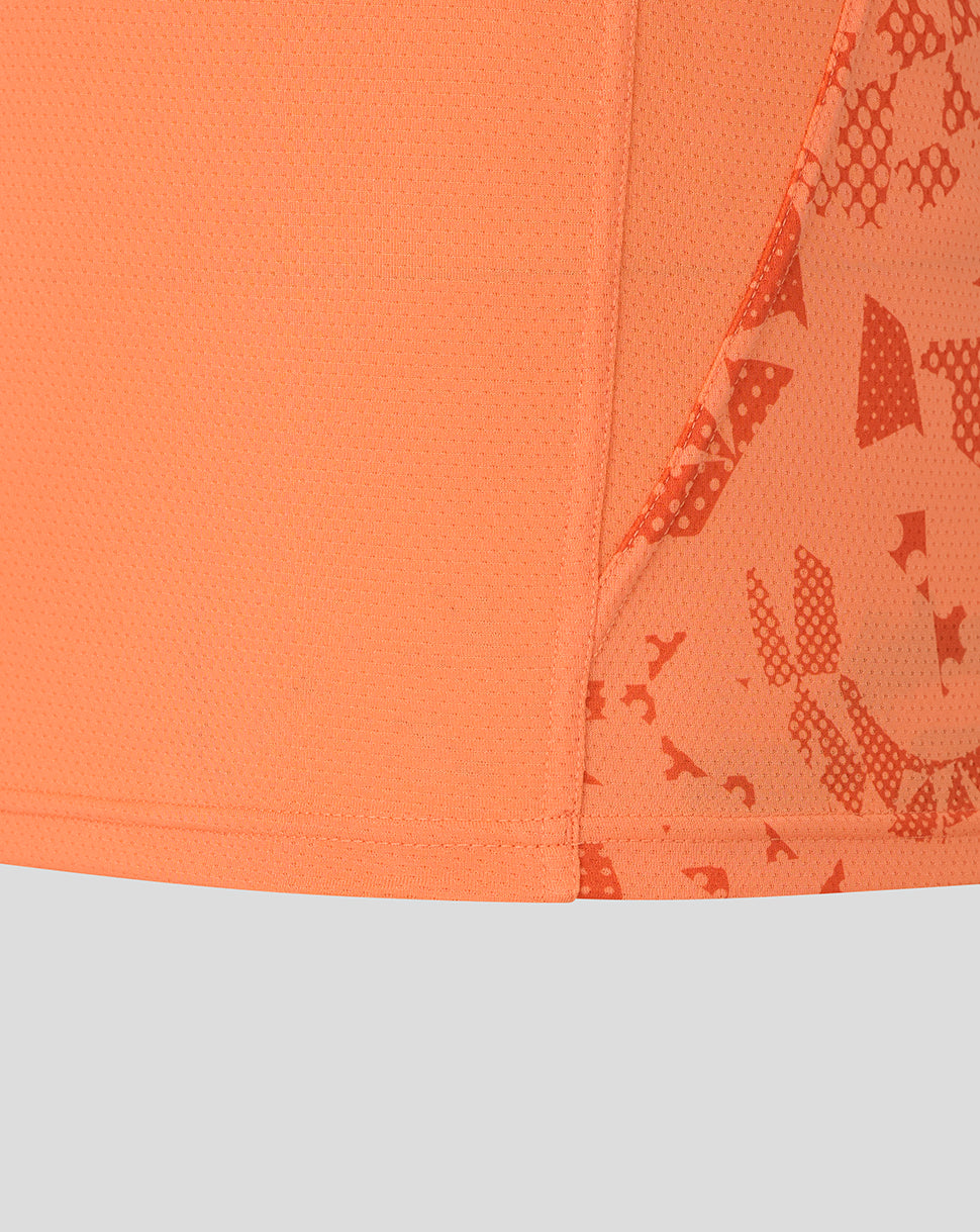 Close up of side panel abstract print on melon orange sleeveless England Rugby T shirt