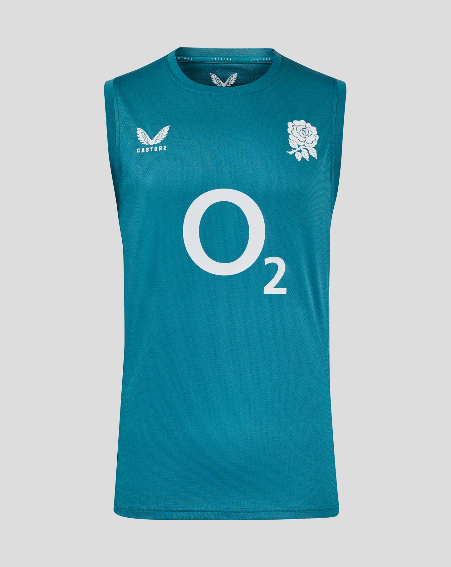 Front view of storm blue England rugby sleeveless performance T shirt with abstract side panels, rose crest, O2 logo and Castore branding