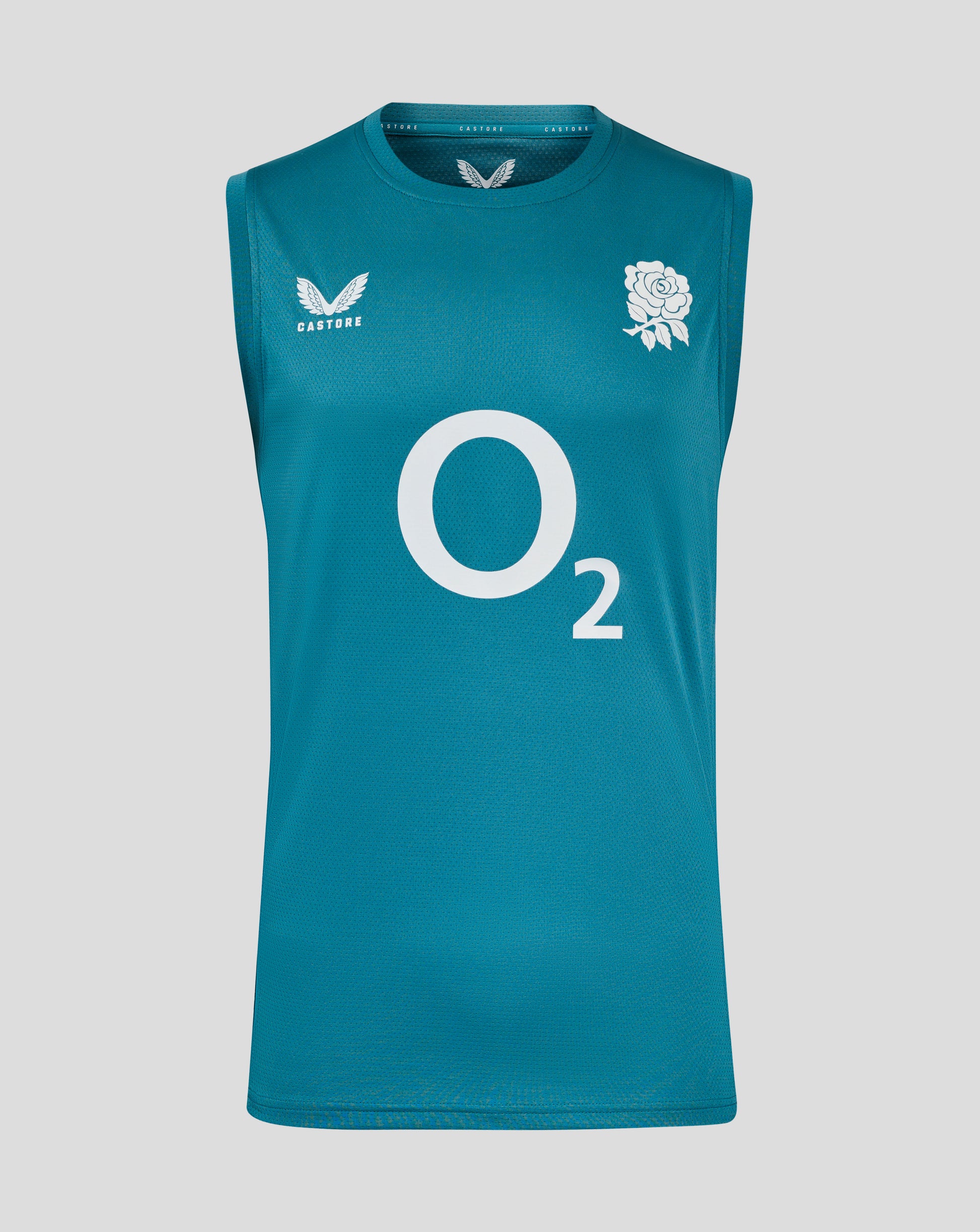 Front view of storm blue England rugby sleeveless performance T shirt with abstract side panels, rose crest, O2 logo and Castore branding