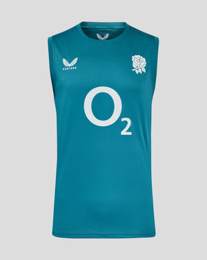 Front view of storm blue England rugby sleeveless performance T shirt with abstract side panels, rose crest, O2 logo and Castore branding