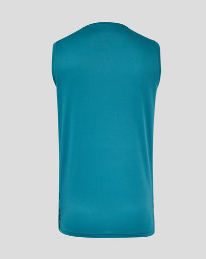 Back view of storm blue Men’s England Rugby sleeveless T-shirt showing textured fabric and curved hem