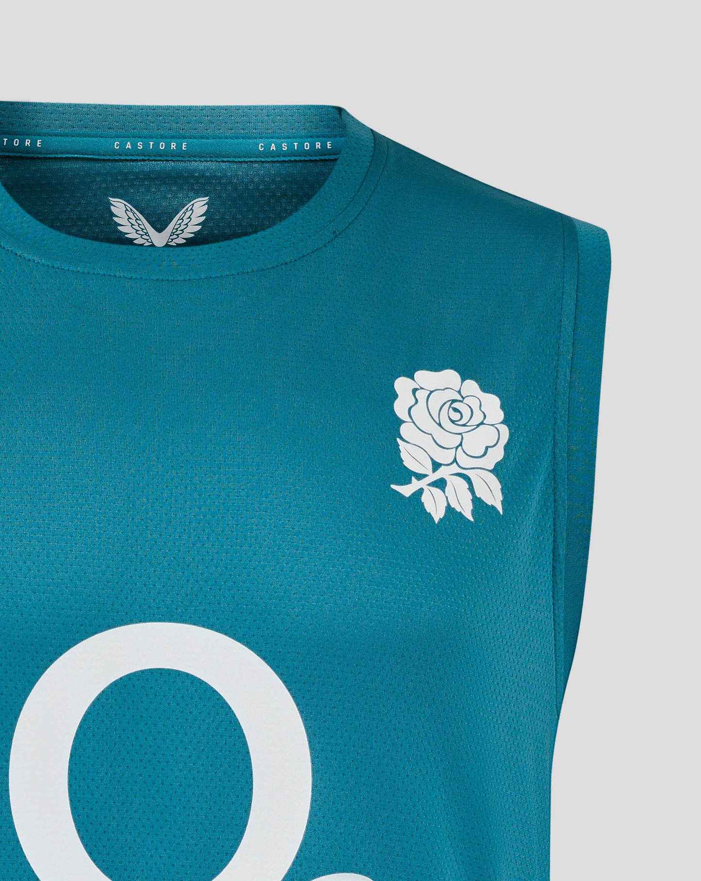 Storm blue England Rugby sleeveless tee with rose crest left chest, O2 logo center, and Castore branding along the neckline.