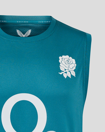 Storm blue England Rugby sleeveless tee with rose crest left chest, O2 logo center, and Castore branding along the neckline.
