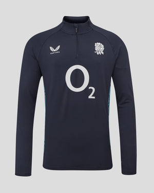 Navy long sleeve performance midlayer with rose crest left chest and O2 logo center front