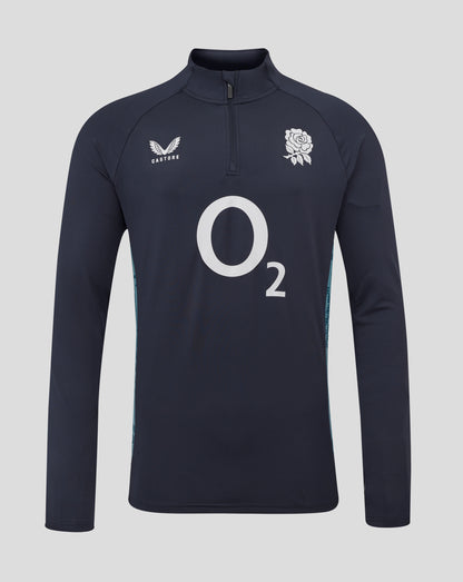 Navy long sleeve performance midlayer with rose crest left chest and O2 logo center front