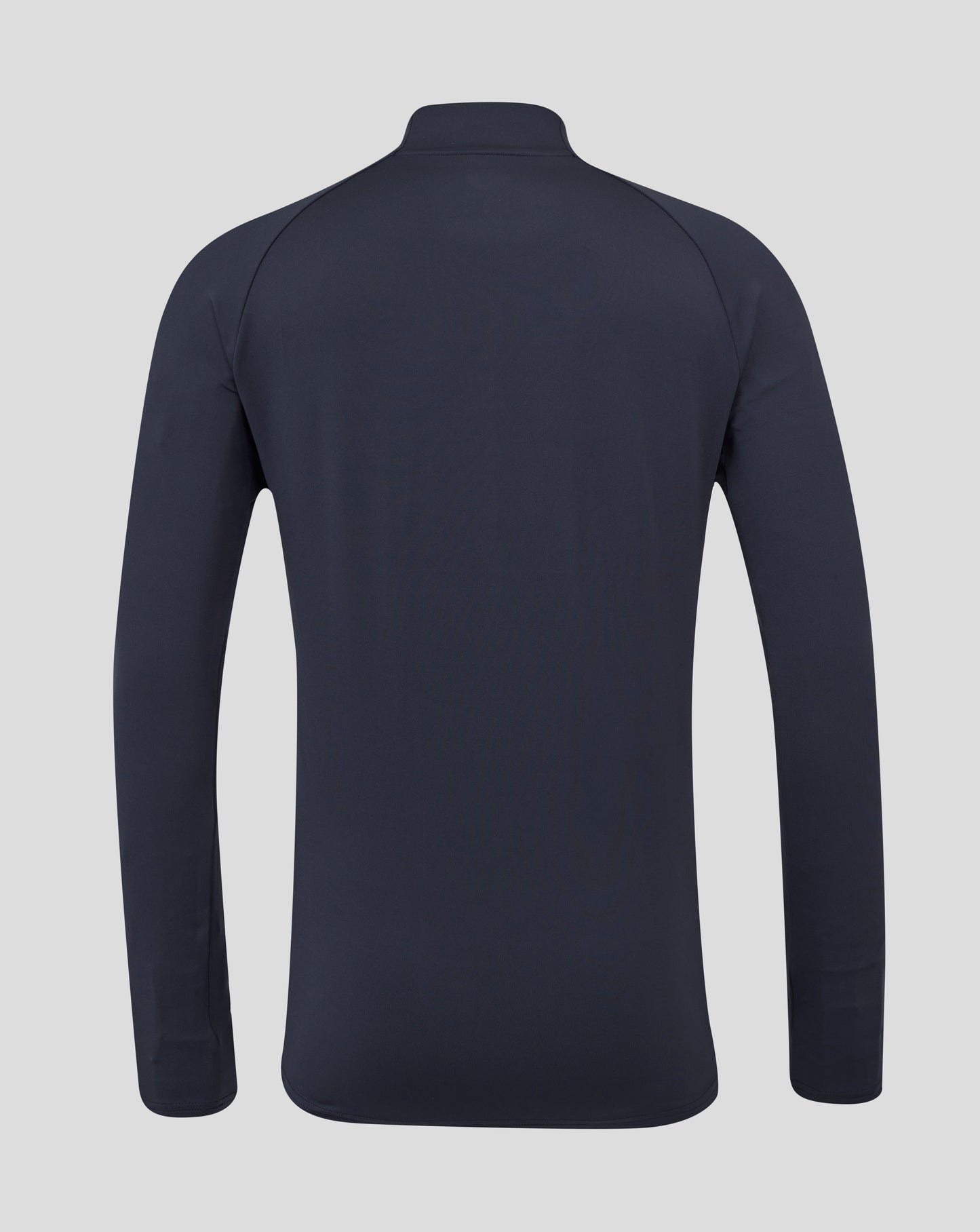 Back view of navy long sleeve performance midlayer top with funnel neck