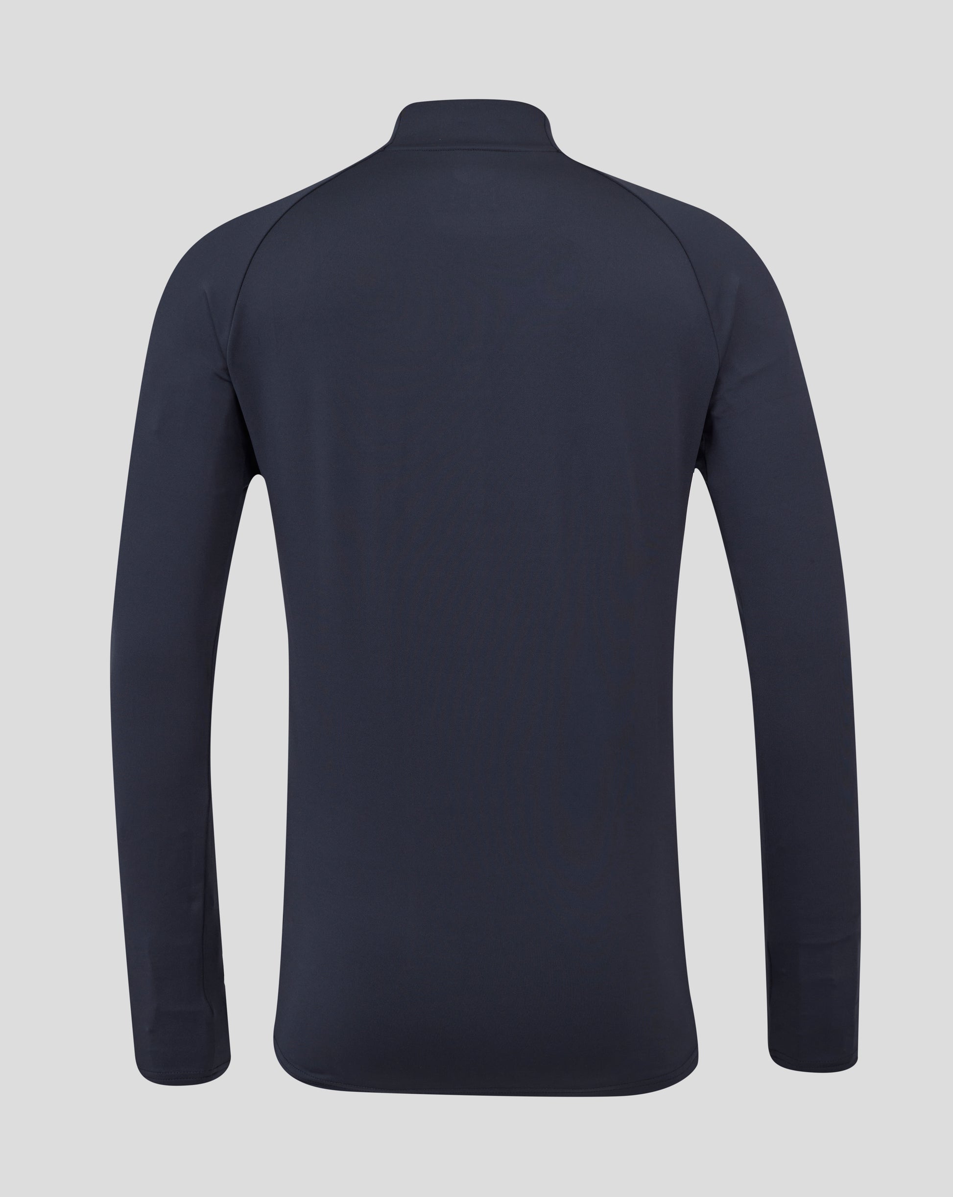 Back view of navy long sleeve performance midlayer top with funnel neck