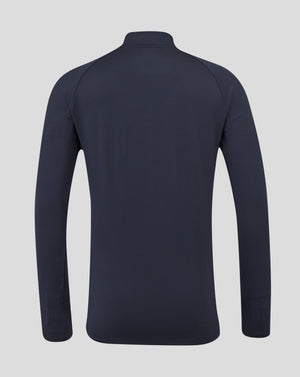 Back view of navy long sleeve performance midlayer top with funnel neck