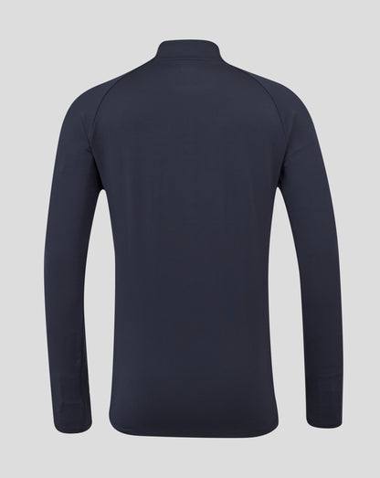 Back view of navy long sleeve performance midlayer top with funnel neck