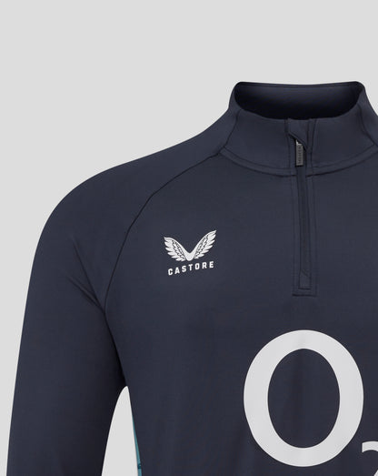 Close-up of navy England rugby midlayer collar with funnel neckline and quarter zip