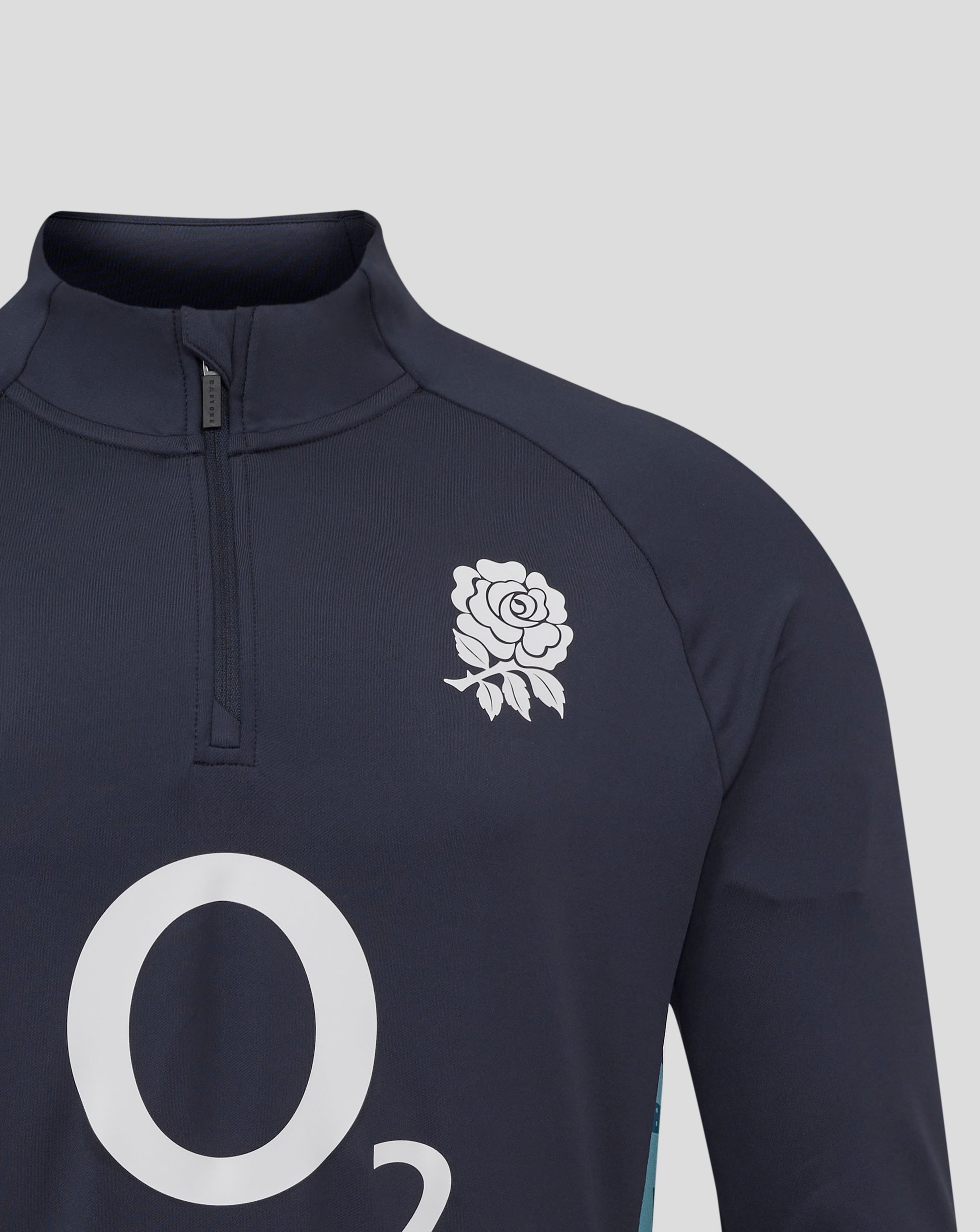Navy England Cup performance long sleeve midlayer with funnel neck and quarter zip, white rose crest on left chest