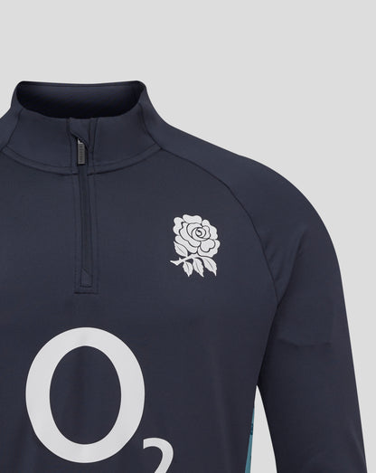 Navy England Cup performance long sleeve midlayer with funnel neck and quarter zip, white rose crest on left chest