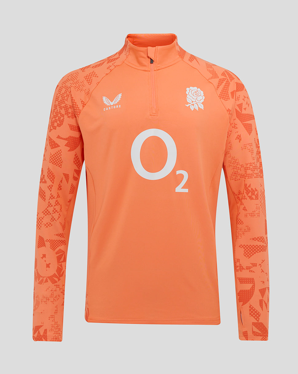 Melon England rugby long sleeve midlayer with quarter zip, rose crest chest, O2 logo, Castore right chest, patterned sleeves.