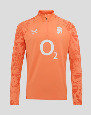 Melon England rugby long sleeve midlayer with quarter zip, rose crest chest, O2 logo, Castore right chest, patterned sleeves.