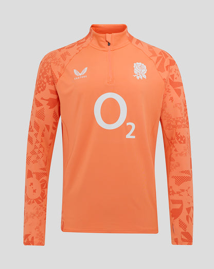 Melon England rugby long sleeve midlayer with quarter zip, rose crest chest, O2 logo, Castore right chest, patterned sleeves.