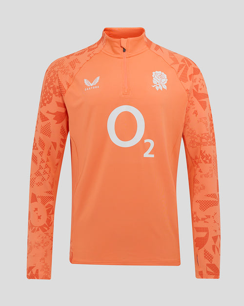 Melon England rugby long sleeve midlayer with quarter zip, rose crest chest, O2 logo, Castore right chest, patterned sleeves.