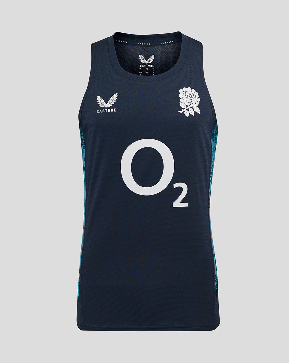 Navy England Rugby performance sleeveless singlet with center O2 logo left chest rose crest and side panel print