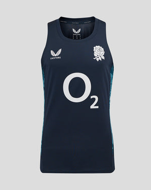Navy England Rugby performance sleeveless singlet with center O2 logo left chest rose crest and side panel print