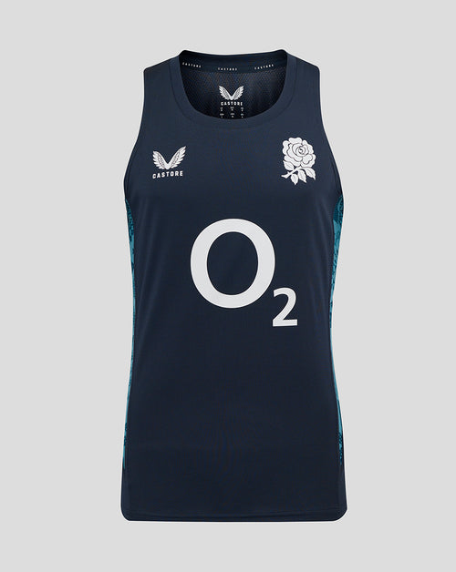 Navy England Rugby performance sleeveless singlet with center O2 logo left chest rose crest and side panel print