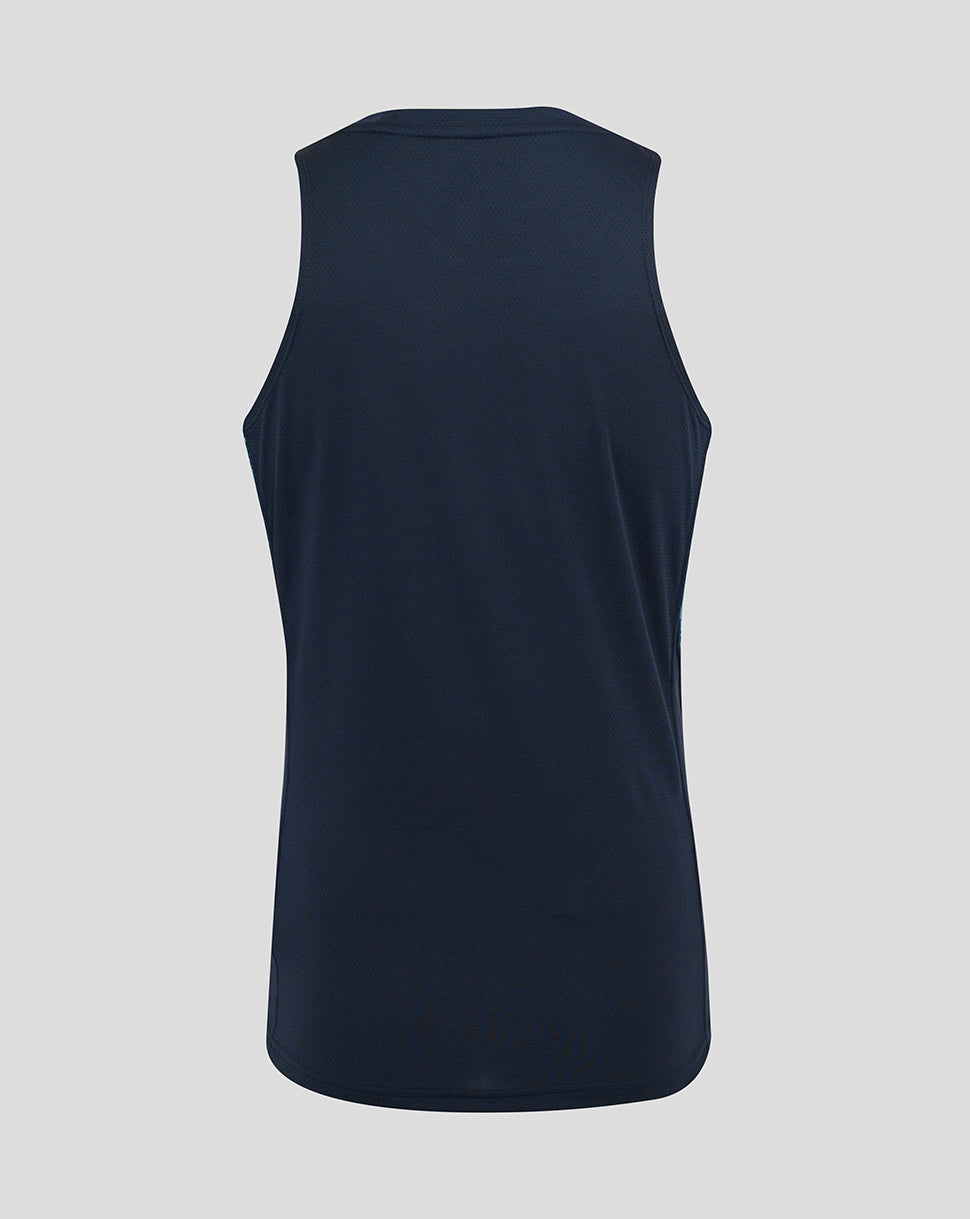 Back view of navy England Rugby performance sleeveless singlet with curved hem