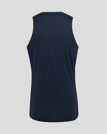 Back view of navy England Rugby performance sleeveless singlet with curved hem