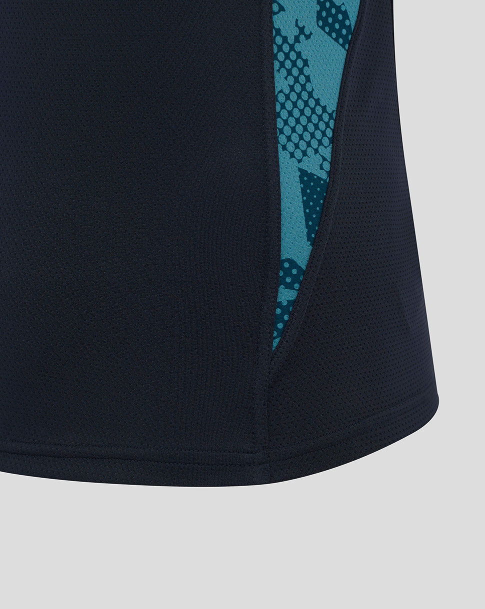 Side view of navy England Rugby sleeveless singlet featuring a teal patterned side panel against the navy body
