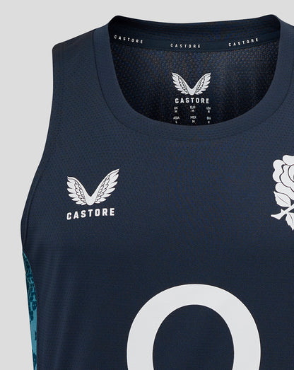 Close up of navy England Rugby sleeveless singlet highlighting teal abstract side panel and central O2 logo with rose crest left chest and Castore branding