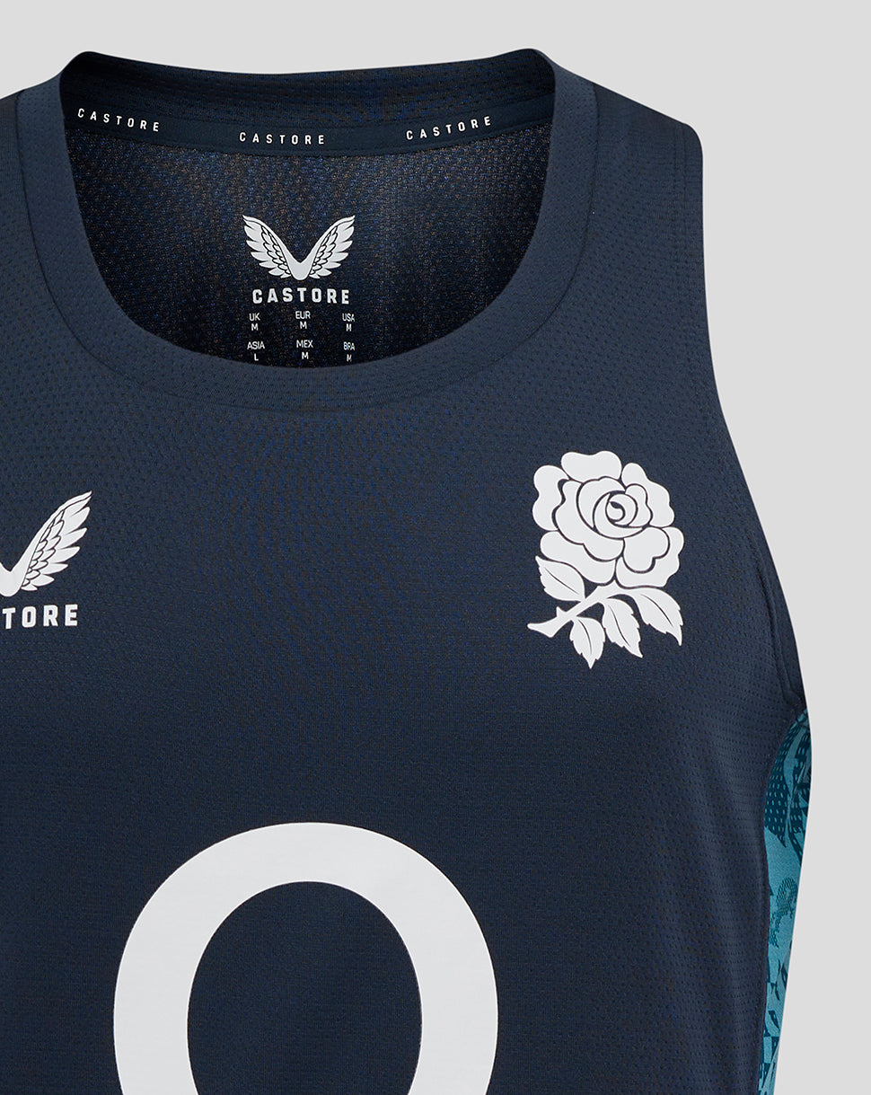 Navy England Rugby sleeveless singlet close up showing rose crest left chest center O2 logo and Castore branding with abstract side panels