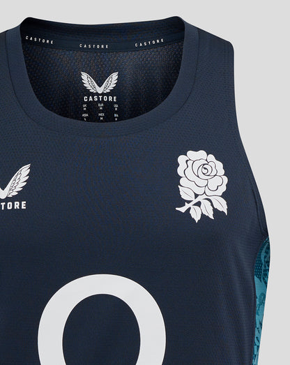 Navy England Rugby sleeveless singlet close up showing rose crest left chest center O2 logo and Castore branding with abstract side panels