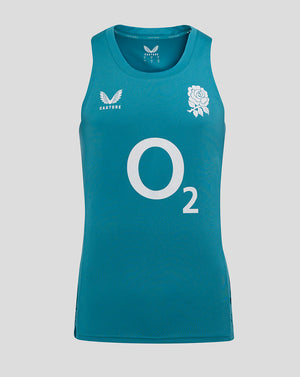 England Rugby Performance Sleeveless Singlet in storm blue with rose crest on the left chest and large O2 sponsor logo on the front
