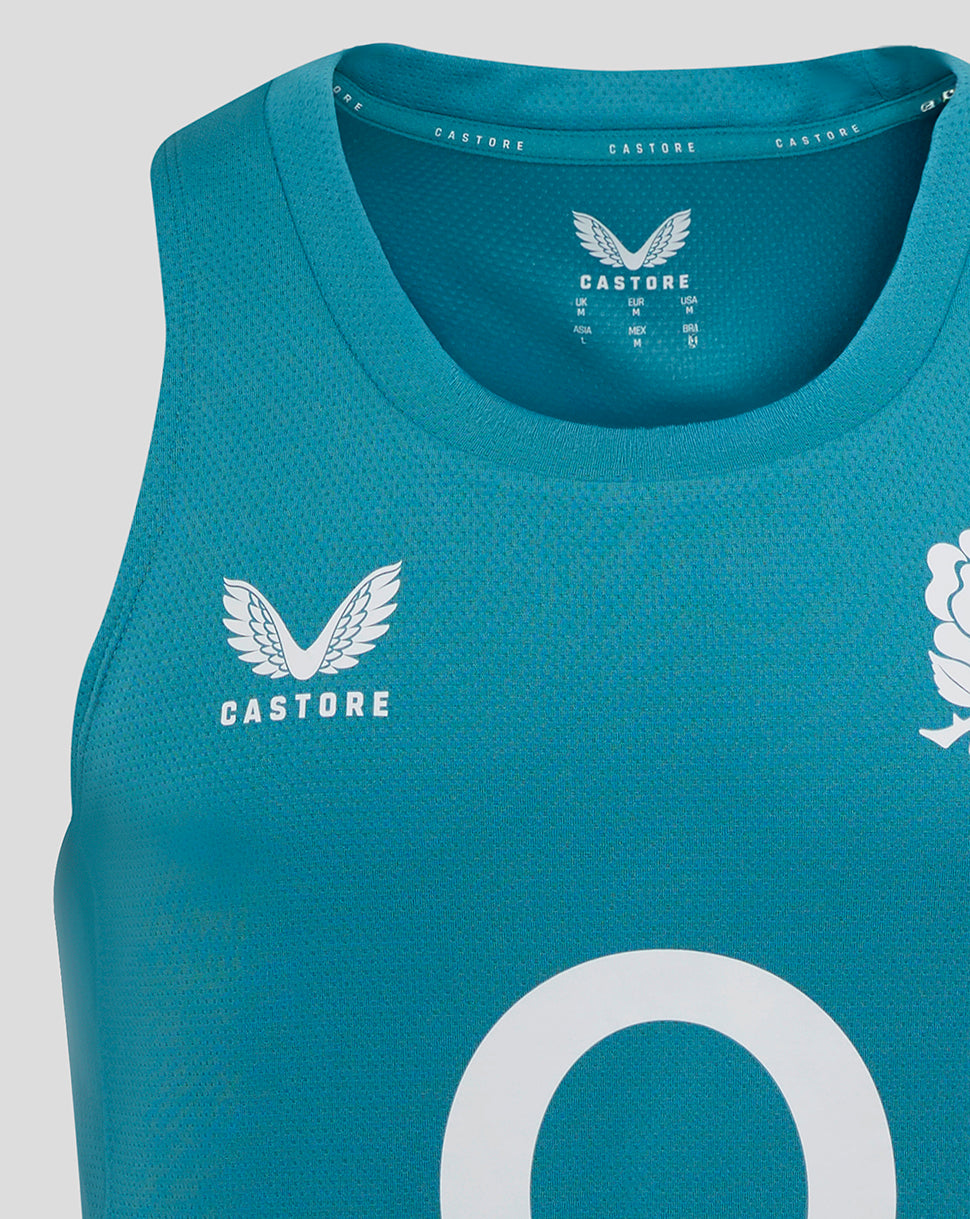 Storm blue England Rugby sleeveless singlet close up showing textured fabric and Castore branding on the chest